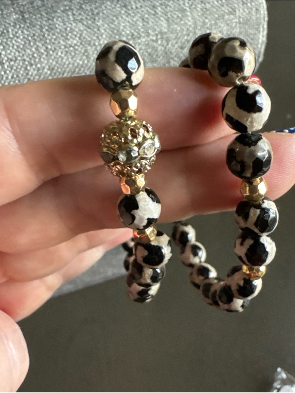 Leopard Print Beaded Stretch Bracelet with Gold Accents
